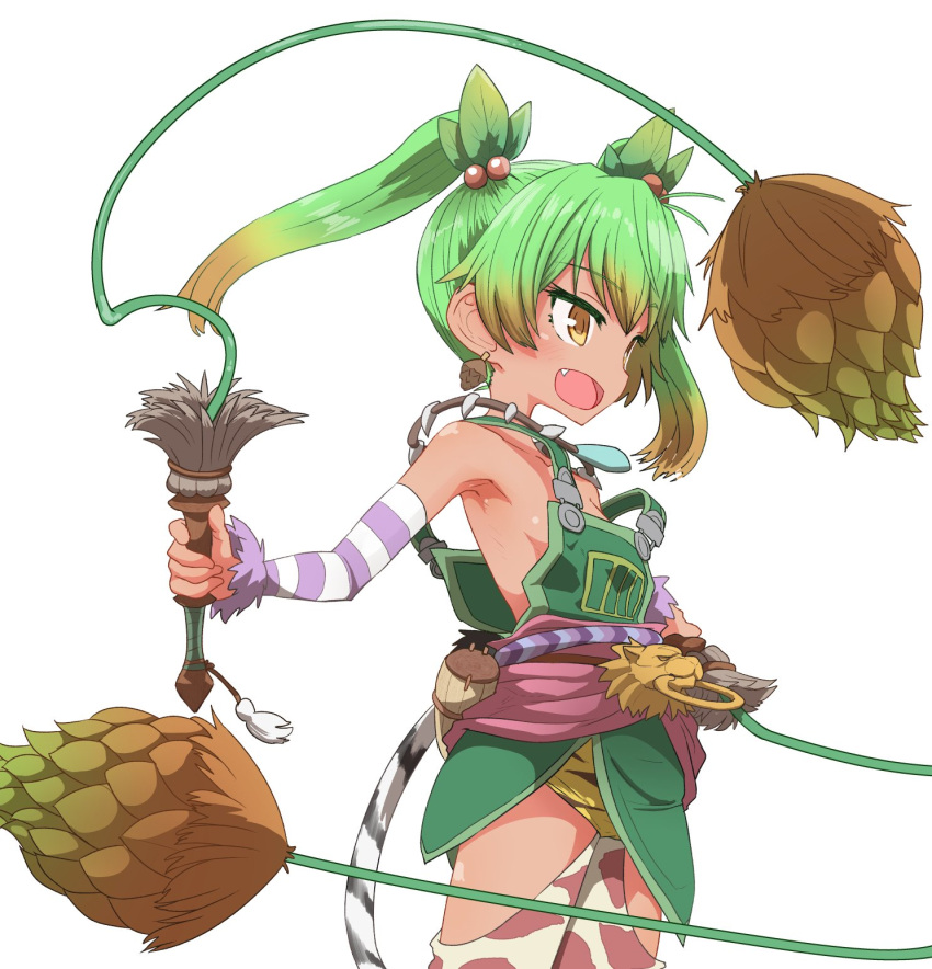 1girl :d bare_shoulders breasts brown_eyes brown_hair commentary_request copyright_request cowboy_shot detached_sleeves dual_wielding earrings fang from_side gradient_hair green_hair highres holding holding_weapon holding_whip jewelry multicolored_hair necklace no_bra open_mouth overalls simple_background small_breasts smile solo standing striped_sleeves striped_tail sumiyao_(amam) tail tooth_necklace weapon whip white_background