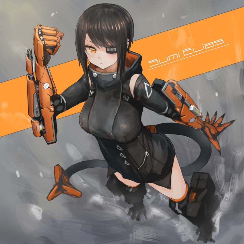 1girl absurdres bangs black_hair cyberpunk cyborg eyepatch gun highres kasagarasu looking_at_viewer looking_up mecha_musume mechanical_arm mechanical_legs mechanical_tail orange_eyes original science_fiction short_hair slit_pupils solo sumi_elias swept_bangs weapon