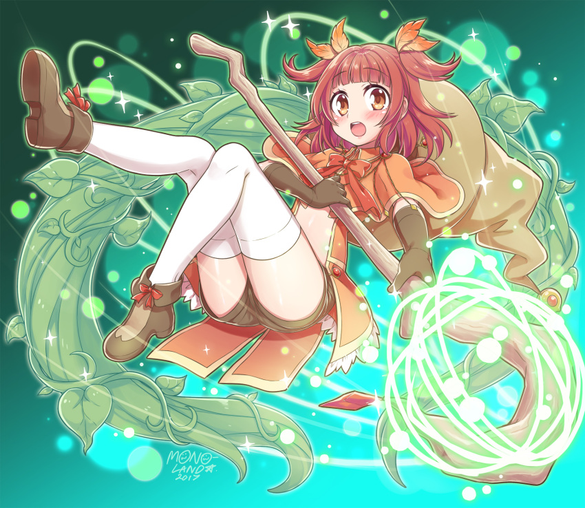 1girl akino_kaede blush brown_gloves brown_shorts capelet elbow_gloves gloves hat highres looking_at_viewer magia_record:_mahou_shoujo_madoka_magica_gaiden magical_girl mahou_shoujo_madoka_magica open_mouth orange_eyes redhead shorts solo staff thigh-highs weapon white_legwear witch_hat