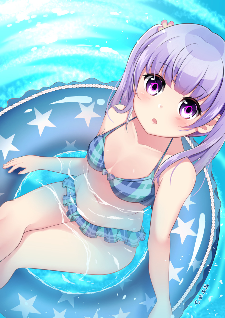 1girl bikini blue_bikini breasts chestnut_mouth from_above highres innertube long_hair looking_at_viewer looking_up new_game! partially_submerged plaid plaid_bikini purple_hair sasha_chii sitting small_breasts solo suzukaze_aoba swimsuit twintails violet_eyes water