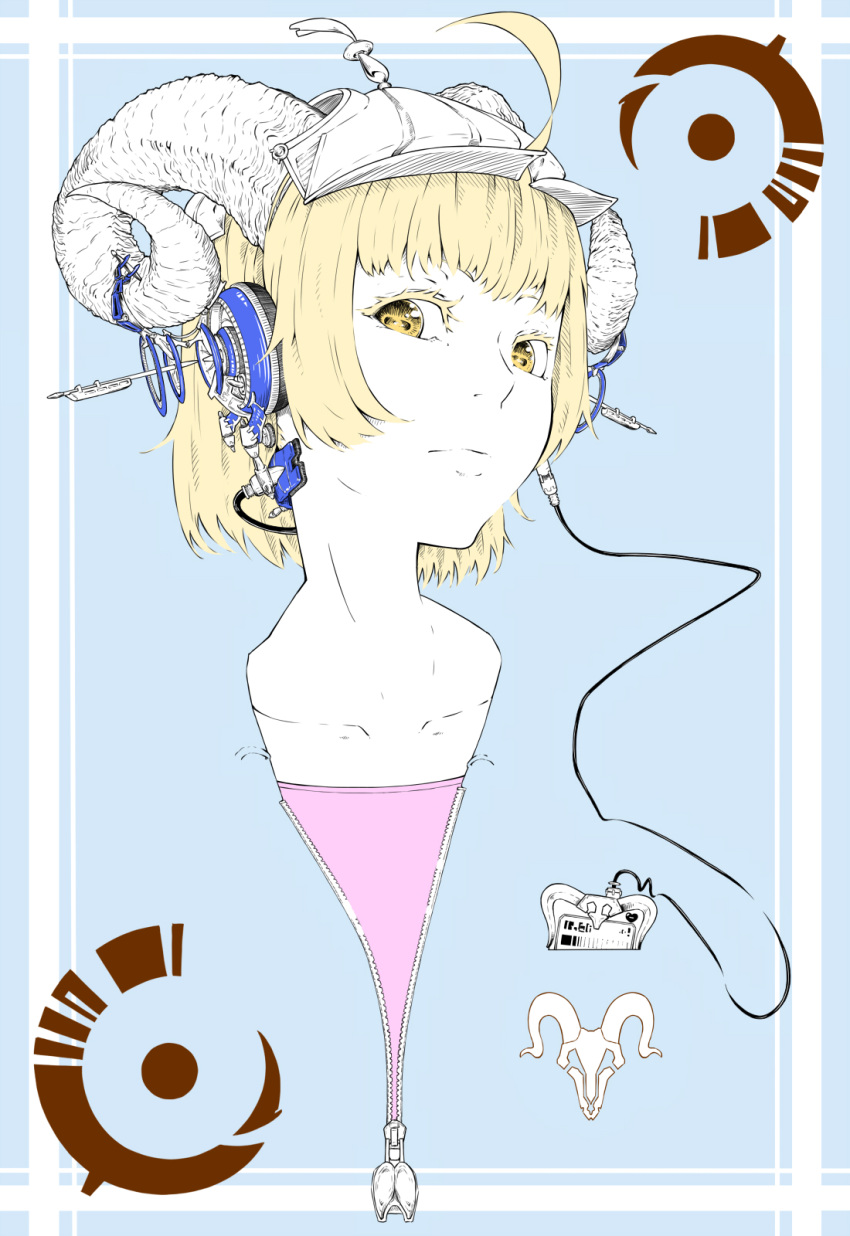 1girl bangs blonde_hair blue_background closed_mouth commentary_request hat headphones highres horizontal_pupils horns jaco logo looking_at_viewer media_player monochrome original pale_color portrait short_hair solo yellow_eyes