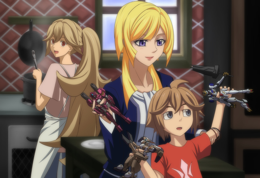 1boy 2girls :d akatsuki_(gundam_tekketsu_no_orphans) apron atra_mixta blonde_hair blue_apron blue_eyes brown_hair collarbone cuderia_von_feuerbach grey_eyes grey_shirt gundam gundam_tekketsu_no_orphans highres indoors kitchen long_hair looking_back multiple_girls open_mouth ponytail red_eyes red_shirt shirt short_sleeves smile standing very_long_hair window