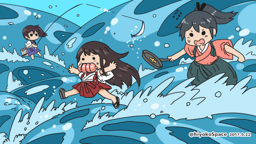 10s 3girls akagi_(kantai_collection) brown_hair commentary_request fish fishing fishing_line fishing_rod frying_pan gake_no_ue_no_ponyo hakama hakama_skirt high_ponytail highres hiyoko_(nikuyakidaijinn) holding holding_fishing_rod houshou_(kantai_collection) japanese_clothes kaga_(kantai_collection) kantai_collection kimono long_hair multiple_girls ponytail side_ponytail tasuki water