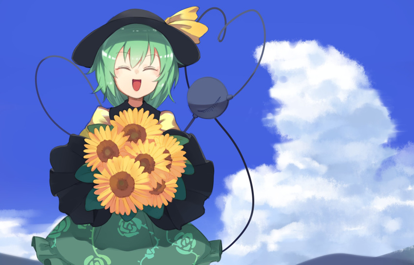 ^_^ ^o^ bangs black_hat blue_sky bow closed_eyes clouds cloudy_sky floral_print flower frills green_hair green_skirt hat hat_bow heart heart_of_string highres komeiji_koishi leaf long_sleeves looking_at_viewer puffy_sleeves shirt short_hair skirt sky sunflower third_eye touhou usuaji yellow_shirt