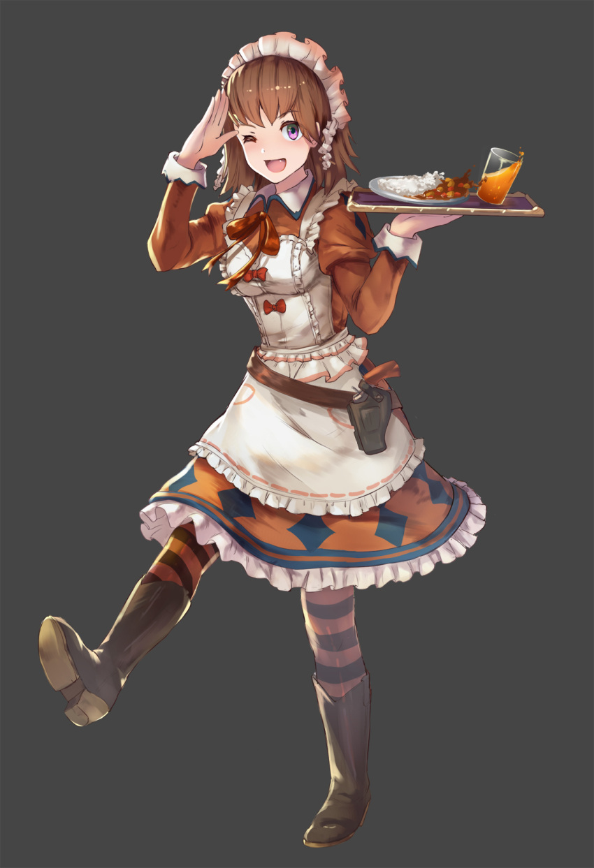 ;d apron black_footwear boots curry food grey_background gun handgun highres holding holding_tray holster loolook maid maid_apron one_eye_closed open_mouth orange_juice orange_legwear original salute smile standing striped striped_legwear tray violet_eyes weapon