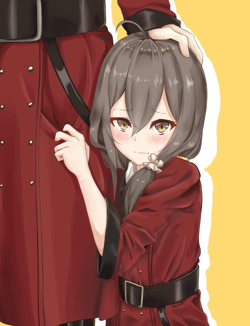 2girls absurdres ahoge belt blush brown_eyes brown_hair child closed_mouth clothes_grab commentary_request girls_frontline hair_ornament hair_over_shoulder hair_scrunchie hand_on_another's_head helianthus_(girls_frontline) highres ky_(ky990533) long_hair looking_at_viewer military military_uniform mother_and_daughter multiple_girls scrunchie silhouette sketch tears uniform wavy_mouth yellow_background