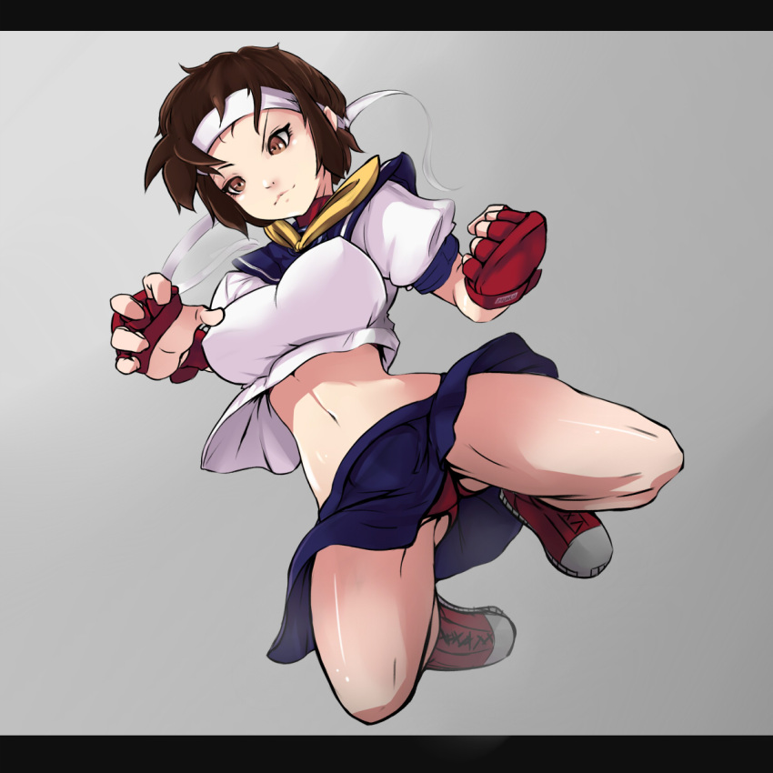 1girl :3 arms_at_sides belly_peek bent_elbow bent_knees blue_sailor_collar blue_skirt bra breasts brown_eyes brown_hair clenched_hand closed_mouth dutch_angle fighting_stance fingerless_gloves full_body gloves grey_background highres jumping kasugano_sakura letterboxed looking_away medium_breasts midriff navel neckerchief red_bra red_buruma red_gloves shiny shiny_skin shoes short_hair skirt sneakers sports_bra street_fighter tanuk11 tomboy underwear white_headband white_serafuku yellow_neckerchief