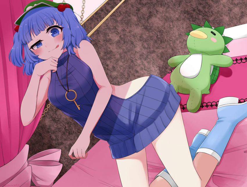 1girl blue_footwear blue_hair blue_sweater blush boots chains curtains doescat2 doll hair_bobbles hair_ornament highres kawashiro_nitori key_necklace kneeling licking_lips looking_at_viewer meme_attire on_bed ribbed_sweater solo sweater tongue tongue_out touhou virgin_killer_sweater