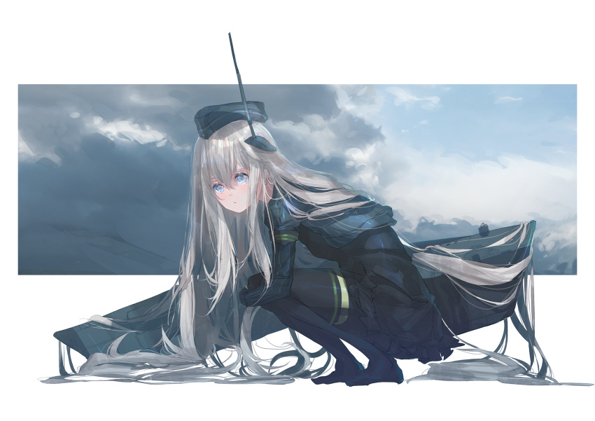 10s 1girl absurdly_long_hair antennae bangs beret black_legwear black_skirt blue_eyes blue_hat blue_jacket blush closed_mouth clouds cloudy_sky commentary_request enu_0426 from_side grey_hair hair_between_eyes hat headgear highres jacket jitome juliet_sleeves kantai_collection long_hair long_sleeves looking_at_viewer puffy_sleeves skirt sky solo squatting thigh-highs u-511_(kantai_collection) very_long_hair