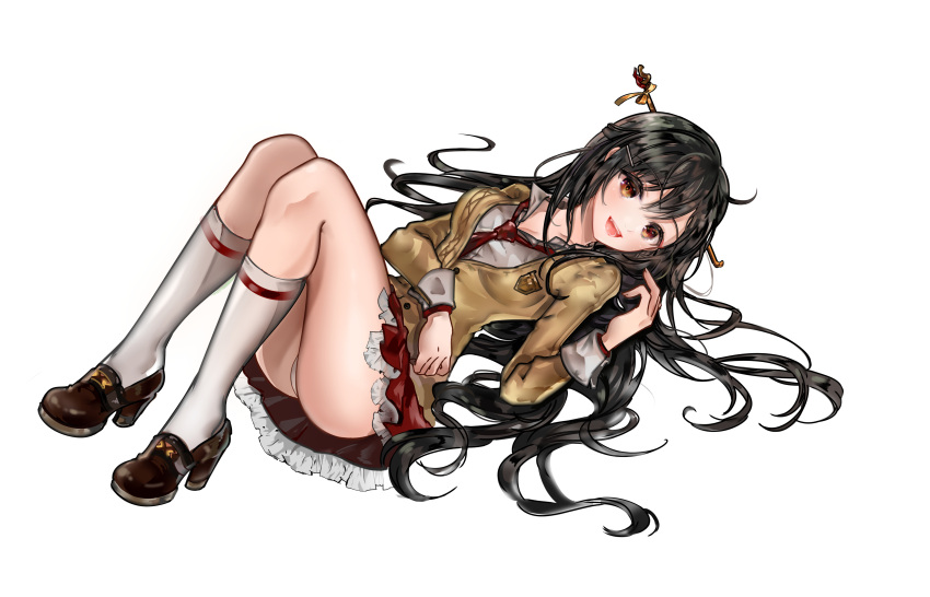 1girl 96dgd :d absurdres black_hair brown_eyes brown_sweater elsword frilled_skirt frills full_body grey_legwear grey_shirt hair_ornament highres kneehighs long_hair looking_at_viewer lying miniskirt necktie on_back open_mouth red_necktie red_skirt shirt simple_background skirt smile solo very_long_hair white_background white_panites