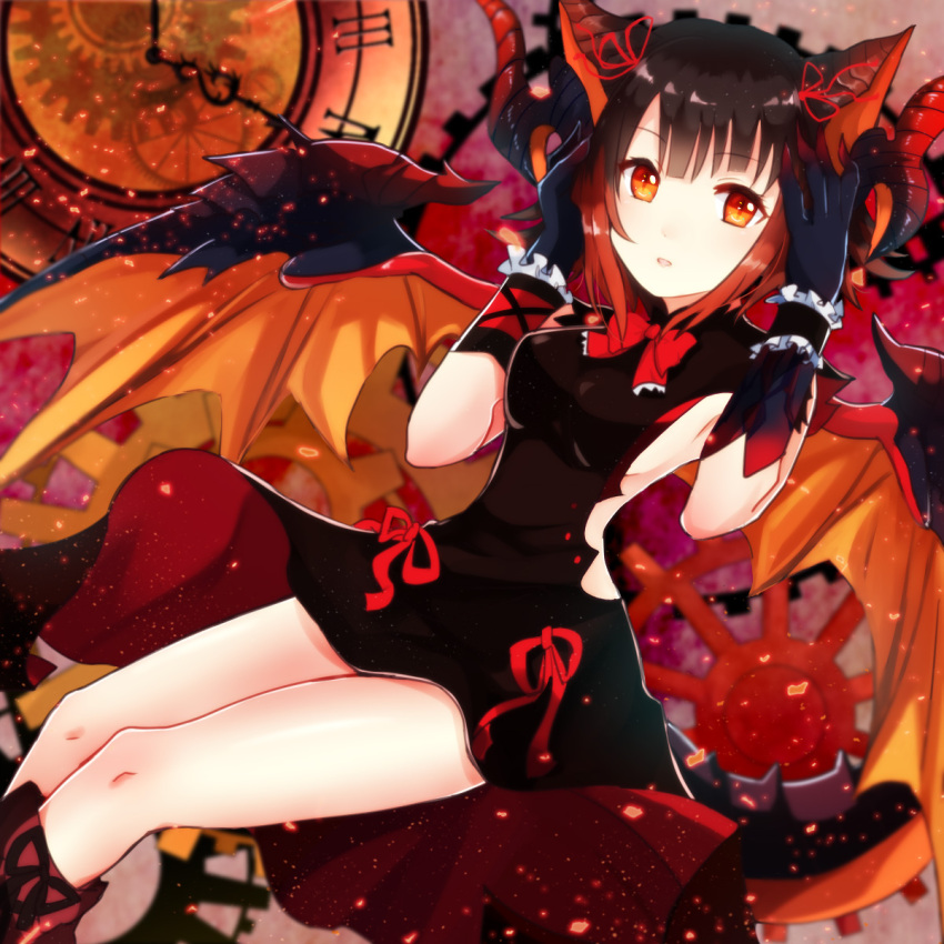 1girl armpits bangs bare_legs black_dress black_hair blush bow breasts clock commentary_request dragon_girl dragon_horns dragon_tail dragon_wings dress eyebrows_visible_through_hair gears hair_between_eyes hair_bow hair_ornament hand_on_own_head highres horns looking_at_viewer multicolored_hair myr_(p&amp;d) open_mouth orange_eyes orange_hair puzzle_&amp;_dragons ruchita short_hair side_cutout sitting solo tail two-tone_hair wings