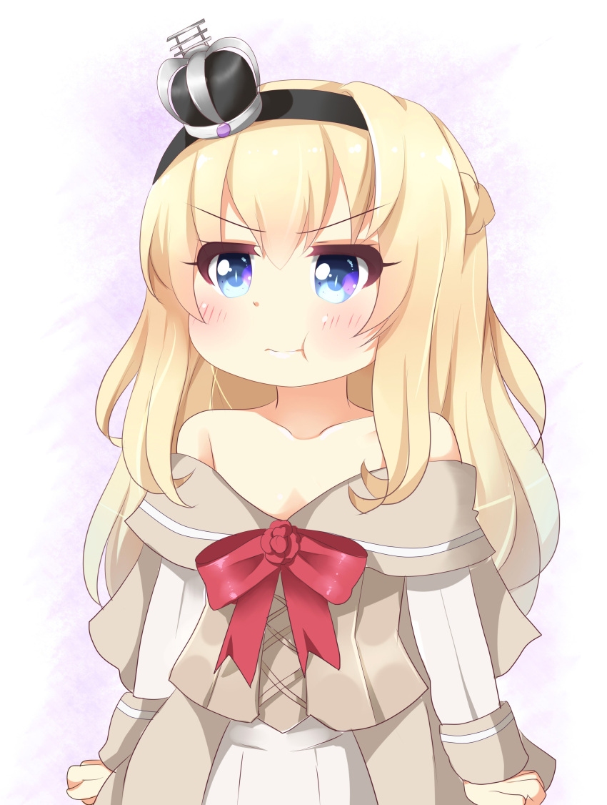 &gt;:t 10s 1girl :t absurdres agung_syaeful_anwar arms_at_sides bare_shoulders blonde_hair blue_eyes blush bow braid clenched_hands crown dress french_braid gradient gradient_background hairband highres kantai_collection layered_dress long_hair long_sleeves looking_to_the_side looking_up pout red_bow simple_background solo strapless strapless_dress upper_body warspite_(kantai_collection)