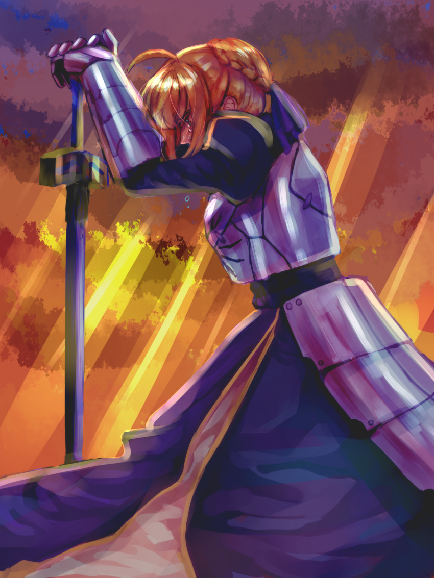 1girl ahoge armor armored_dress artoria_pendragon_(all) blonde_hair excalibur fate/stay_night fate_(series) gauntlets highres profile saber shuzukipai solo tears