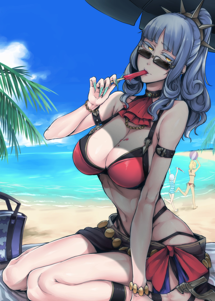 3girls aqua_nails ascot ball beach beachball bikini bracelet breasts carmilla_(fate/grand_order) cleavage collar commentary_request curly_hair dagger day eating fate/grand_order fate_(series) fingernails food food_on_body high_heels highres horns jewelry large_breasts layered_bikini long_fingernails long_hair looking_at_viewer multiple_girls nail_polish nakamura_regura navel ocean palm_tree ponytail popsicle red_swimsuit running sarong sharp_fingernails silver_hair sitting solo_focus summertime_mistress_(fate/grand_order) sunglasses swimsuit tree umbrella wariza weapon yellow_eyes