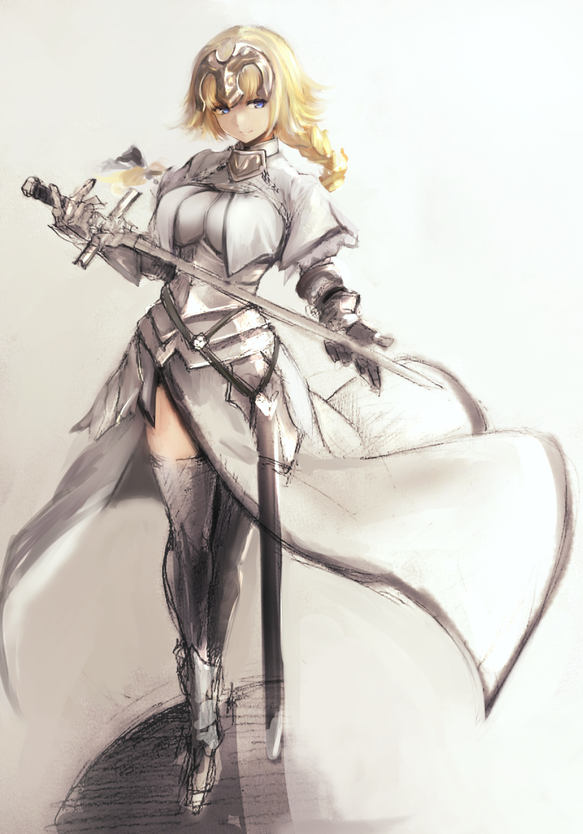 1girl absurdres armor blonde_hair blue_eyes braid fate/apocrypha fate/grand_order fate_(series) gauntlets green_eyes helmet highres holding holding_sword holding_weapon hometa long_hair ruler_(fate/apocrypha) sheath smile solo sword thigh-highs weapon white_legwear