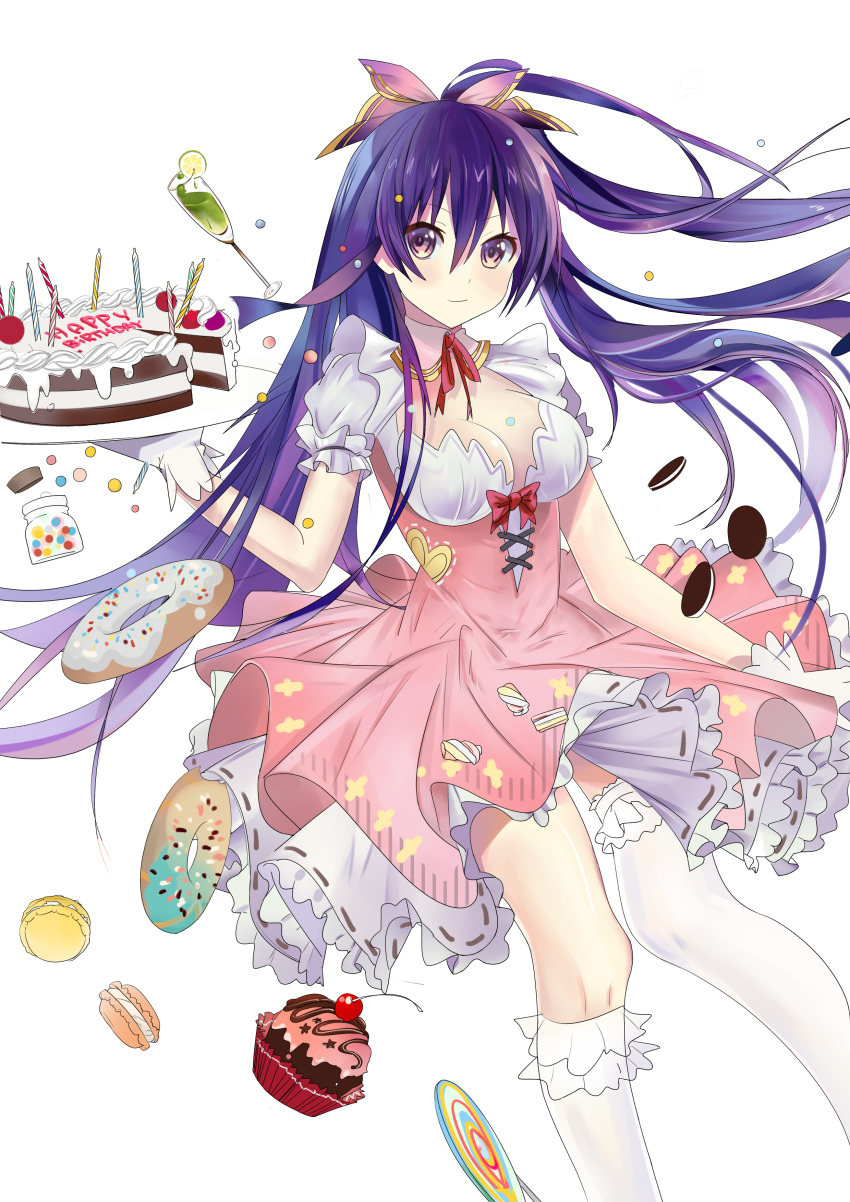 1girl absurdres birthday_cake bow breasts cake cleavage date_a_live doughnut dress food gloves highres long_hair looking_at_viewer macaron medium_breasts purple_hair smile violet_eyes yatogami_tooka