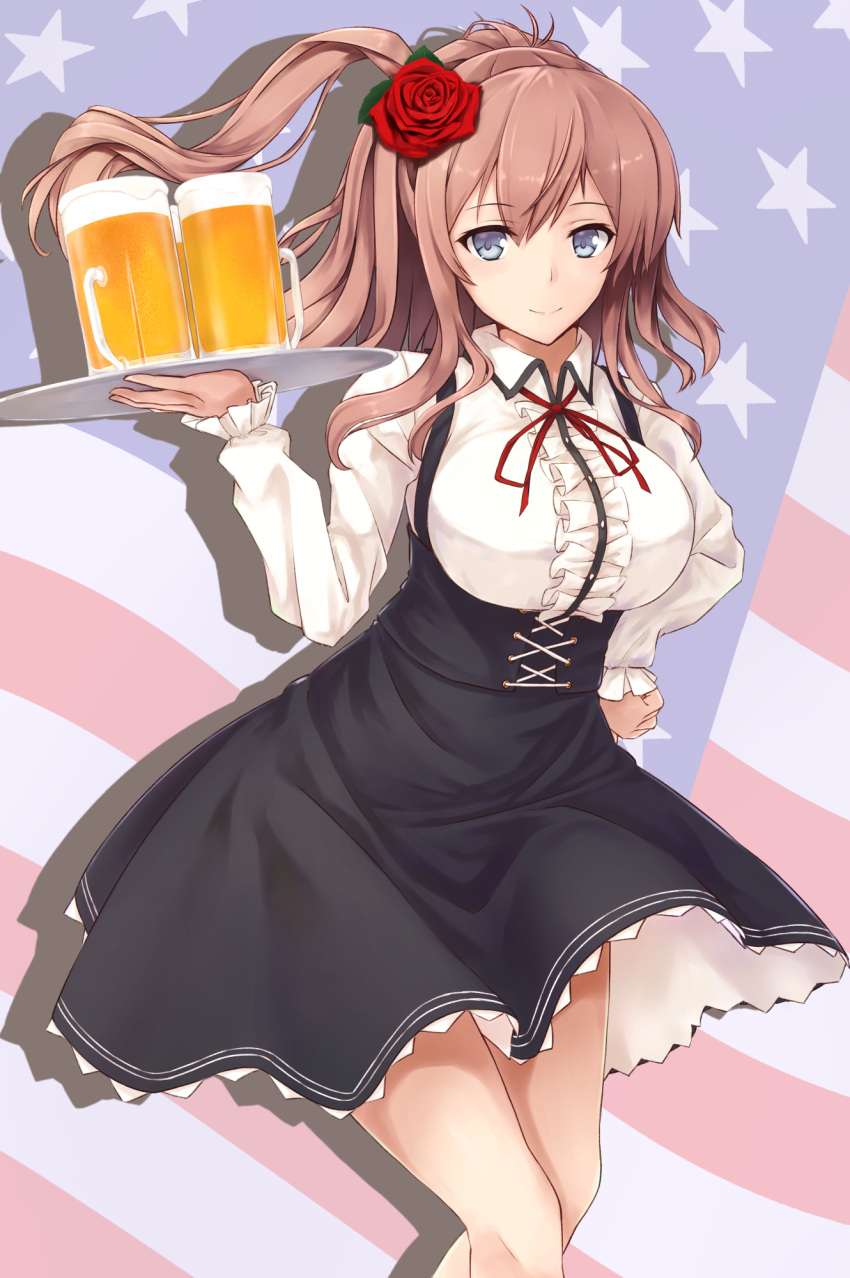 10s 1girl alcohol alternate_costume american_flag beer blue_eyes blush breasts brown_hair dress enchuu flag_background highres kantai_collection large_breasts long_hair long_sleeves looking_at_viewer meme_attire oktoberfest saratoga_(kantai_collection) side_ponytail smile solo tray virgin_killer_outfit