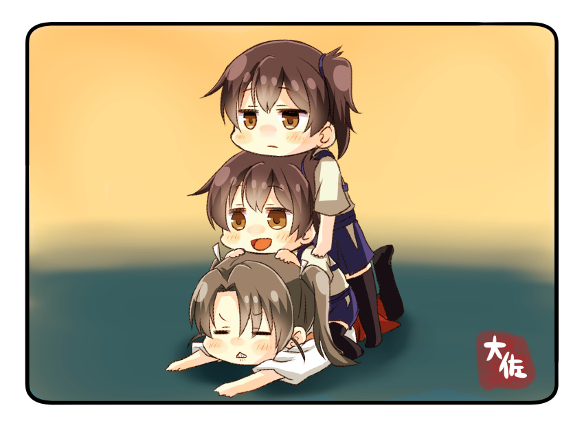 10s 3girls :d =_= absurdres artist_name black_legwear blue_skirt brown_eyes brown_hair closed_eyes dual_persona grey_hair hair_between_eyes hakama_skirt highres japanese_clothes kaga_(kantai_collection) kantai_collection long_hair multiple_girls open_mouth red_skirt short_hair side_ponytail skirt smile taisa_(kari) tasuki thigh-highs twintails zuikaku_(kantai_collection)