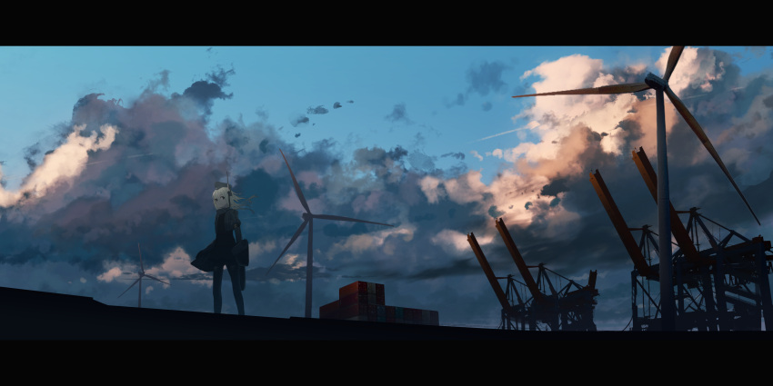 10s 1girl absurdres asuteroid bangs black_eyes blonde_hair blue_sky clouds cloudy_sky commentary_request container day factory hat headgear highres jacket kantai_collection letterboxed long_sleeves looking_at_viewer military military_uniform outdoors scenery short_hair sky solo standing u-511_(kantai_collection) uniform wind_turbine windmill