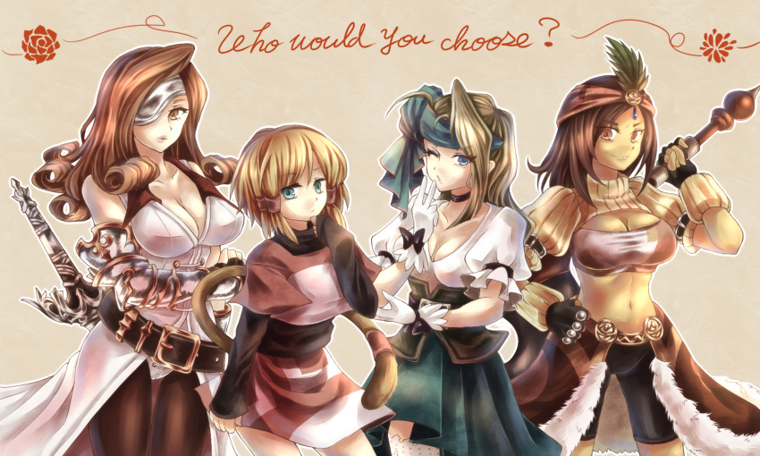 &gt;:) 4girls :/ aqua_eyes aqua_skirt armor axe bandanna bangs bare_shoulders battle_axe beatrix belt belt_buckle beltskirt bike_shorts black_belt black_bow black_gloves black_legwear black_neckwear blonde_hair blue_eyes bow breasts brown_background brown_hair buckle cleavage closed_mouth collarbone corset cowboy_shot curly_hair dark_skin dress english eyebrows_visible_through_hair eyelashes eyepatch eyeshadow facing_viewer feathers final_fantasy final_fantasy_ix fingerless_gloves flower fur_trim gem gloves grey_hair hair_between_eyes hair_tubes hand_on_hip hand_on_own_chin highres holding holding_weapon lani large_breasts lips long_hair long_sleeves looking_at_viewer makeup medium_breasts midriff mikoto_(ff9) miniskirt monkey_tail multiple_girls namuko navel orange_eyes outline over_shoulder pantyhose puffy_long_sleeves puffy_short_sleeves puffy_sleeves red_rose red_skirt rose ruby_(ff9) save_the_queen sheath sheathed shirt short_hair short_sleeves skin_tight skirt sleeveless sleeveless_dress sleeves_past_wrists smile standing strapless tail taut_clothes thigh-highs tubetop turtleneck v weapon weapon_over_shoulder white_dress white_gloves white_legwear white_outline white_shirt zettai_ryouiki