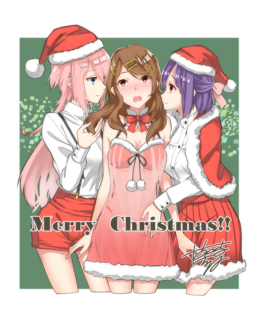 3girls :3 baggataway blue_eyes bow breasts brown_eyes brown_hair capelet christmas cleavage commentary_request d: detached_collar fur-trimmed_dress fur-trimmed_skirt girl_sandwich hair_bow hair_ornament hair_ribbon hairclip hat highres hikiji holding holding_another's_hair holding_hair kohinata_iroha long_hair merry_christmas multiple_girls open_mouth pink_bow pink_eyes pink_hair pink_ribbon pleated_skirt pom_pom_(clothes) purple_hair red_shorts ribbon sandwiched santa_hat see-through shirt short_hair shorts signature skirt suspenders white_shirt yuri