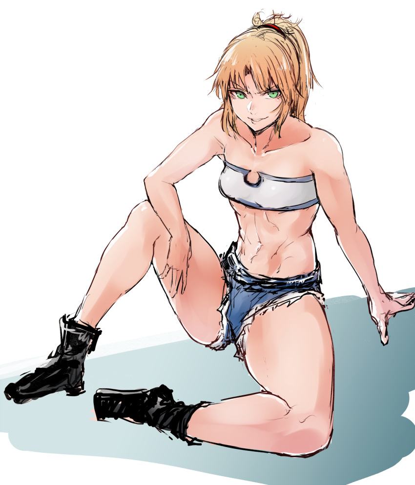 1girl bare_shoulders blonde_hair boots collarbone denim denim_shorts fate/apocrypha fate_(series) green_eyes highres hometa looking_at_viewer midriff navel saber_of_red shorts sitting sketch smile solo spread_legs