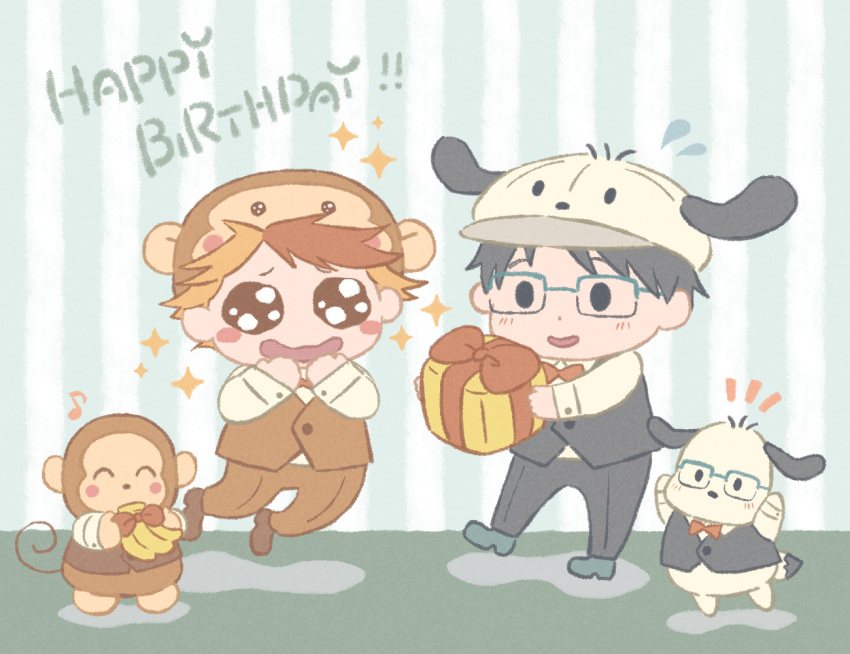 2boys animal_hat banana black_hair blonde_hair blue-framed_eyewear bow bowtie chibi cosplay dog dog_hat food formal fruit gift glasses happy_birthday hat katsuki_yuuri male_focus minami_kenjirou monkey monkey_hat monkichi_(sanrio) monkichi_(sanrio)_(cosplay) multicolored_hair multiple_boys pochacco pochacco_(cosplay) redhead sanrio snowchild suit two-tone_hair yuri!!!_on_ice