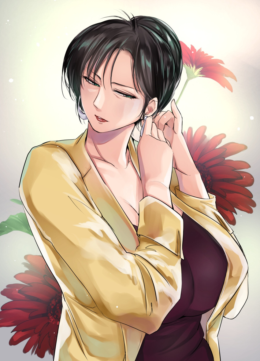 1girl black_hair breasts cima_garahau cleavage earrings flower formal green_eyes gundam gundam_0083 highres jewelry large_breasts lipstick makeup parted_lips pinky_out short_hair solo yukibuster