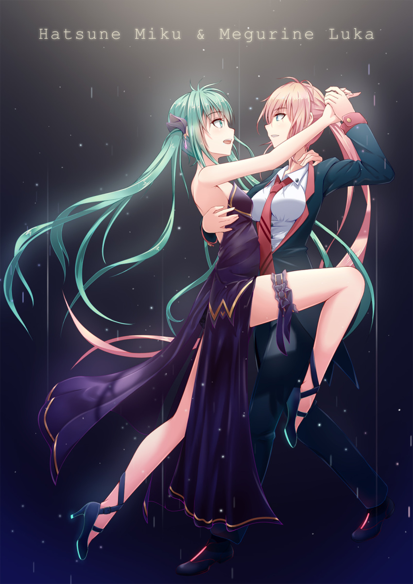 2girls :d alternate_costume alternate_hairstyle aqua_hair arm arm_up bare_arms bare_shoulders black_clothes black_footwear black_pants blue_eyes breasts breasts_apart character_name couple dancing dress eye_contact eyebrows_visible_through_hair female floating_hair formal full_body garters geduan grin hair_between_eyes hair_ornament hand_holding hatsune_miku high_heels highres hug knee_up large_breasts long_dress looking_at_another megurine_luka multiple_girls mutual_yuri neck necktie open_mouth pants parted_lips pink_hair ponytail purple_dress red_necktie round_teeth shirt shoes small_breasts smile strapless strapless_dress suit teeth twintails very_long_hair vocaloid white_shirt yuri