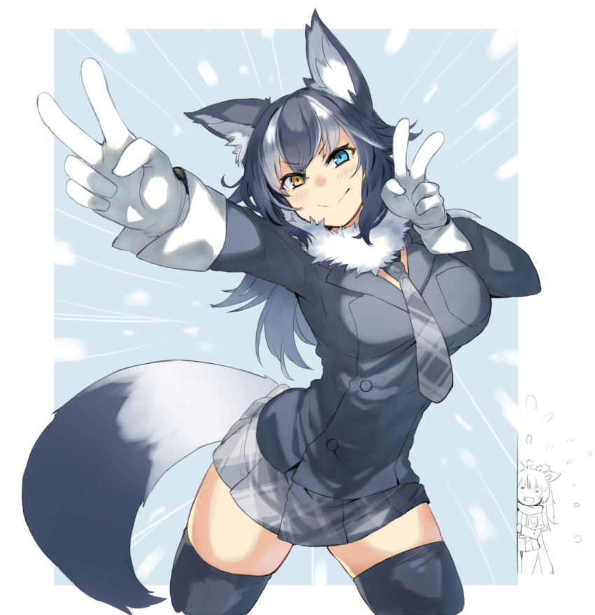 &gt;:) 2girls animal_ears bangs black_hair black_legwear blue_eyes blush breasts closed_mouth cowboy_shot double_v fur_collar ganesagi gloves grey_hair grey_skirt grey_wolf_(kemono_friends) heterochromia highres kemono_friends large_breasts long_hair long_sleeves looking_at_viewer miniskirt multicolored_hair multiple_girls necktie peeking plaid plaid_necktie reticulated_giraffe_(kemono_friends) skirt smile solo_focus tail thigh-highs two-tone_hair v white_gloves wolf_ears wolf_tail yellow_eyes