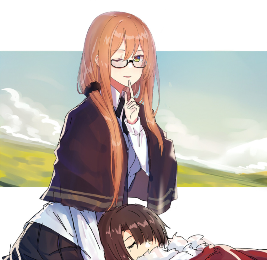 1boy 1girl :d bespectacled brown_hair capelet collared_shirt commander_(girls_frontline) dress_shirt echj eyebrows eyebrows_visible_through_hair finger_to_mouth flush girls_frontline glasses green_eyes hair_between_eyes hair_ornament hair_scrunchie lap_pillow long_hair long_sleeves looking_at_viewer m1903_springfield_(girls_frontline) neck_ribbon one_eye_closed open_mouth pleated_skirt ribbon scrunchie shawl shirt shushing sketch skirt sleeping smile solo_focus tied_hair upper_body wing_collar