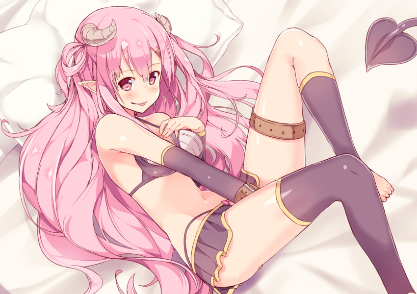 1girl :p absurdres arm_warmers bed bikini_top black_legwear breasts cleavage demon_girl demon_tail highleg highleg_panties highres horns kneehighs long_hair lying maechuu medium_breasts miniskirt mismatched_legwear on_side original panties pillow pink_eyes pink_hair pointy_ears revision single_kneehigh single_thighhigh skirt smile succubus tail thigh-highs thigh_strap tongue tongue_out underwear