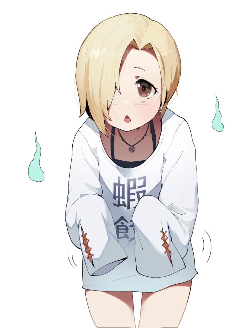 1girl absurdres blonde_hair blush brown_eyes chinese cowboy_shot hair_over_one_eye highres idolmaster idolmaster_cinderella_girls jewelry long_sleeves looking_at_viewer motion_lines necklace one_eye_covered parted_lips shirasaka_koume shirt short_hair simple_background skull_necklace sleeves_past_wrists solo translation_request waterkuma white_background white_shirt