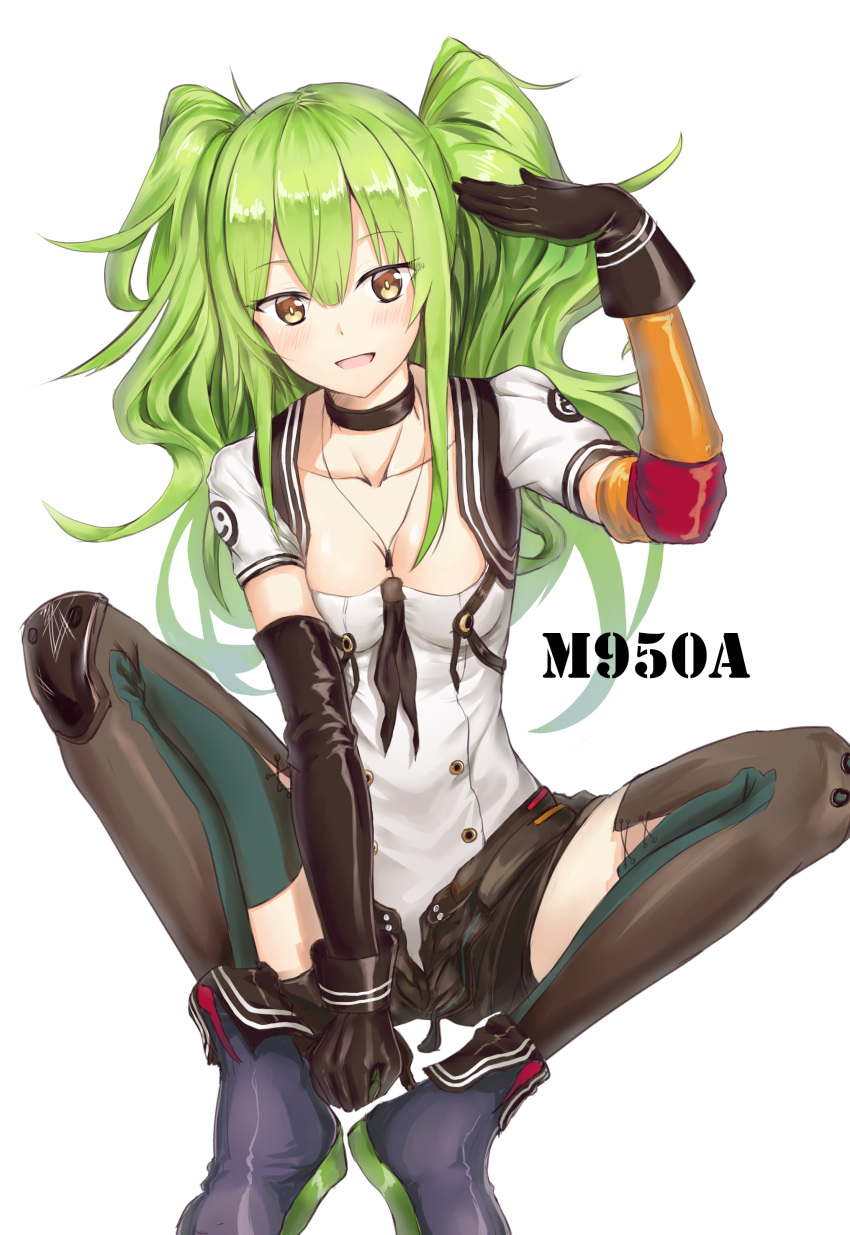 1girl :d absurdres between_legs black_gloves black_legwear black_shorts blush boots breasts brown_eyes character_name choker cleavage clenched_hand collarbone eyebrows_visible_through_hair girls_frontline gloves green_hair hair_between_eyes hand_between_legs head_tilt highres knee_pads ky_(ky990533) long_hair looking_at_viewer m950a_(girls_frontline) medium_breasts number open_mouth shirt short_sleeves shorts sitting sketch smile solo thigh-highs twintails unbuttoned very_long_hair white_background white_shirt