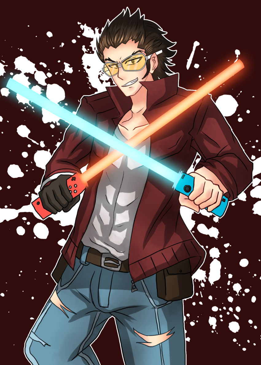 1boy black_hair denim dual_wielding energy_sword gloves highres holding holding_weapon jacket male_focus nintendo_switch no_more_heroes solo sunglasses sunglasses_on_head sword travis_touchdown weapon