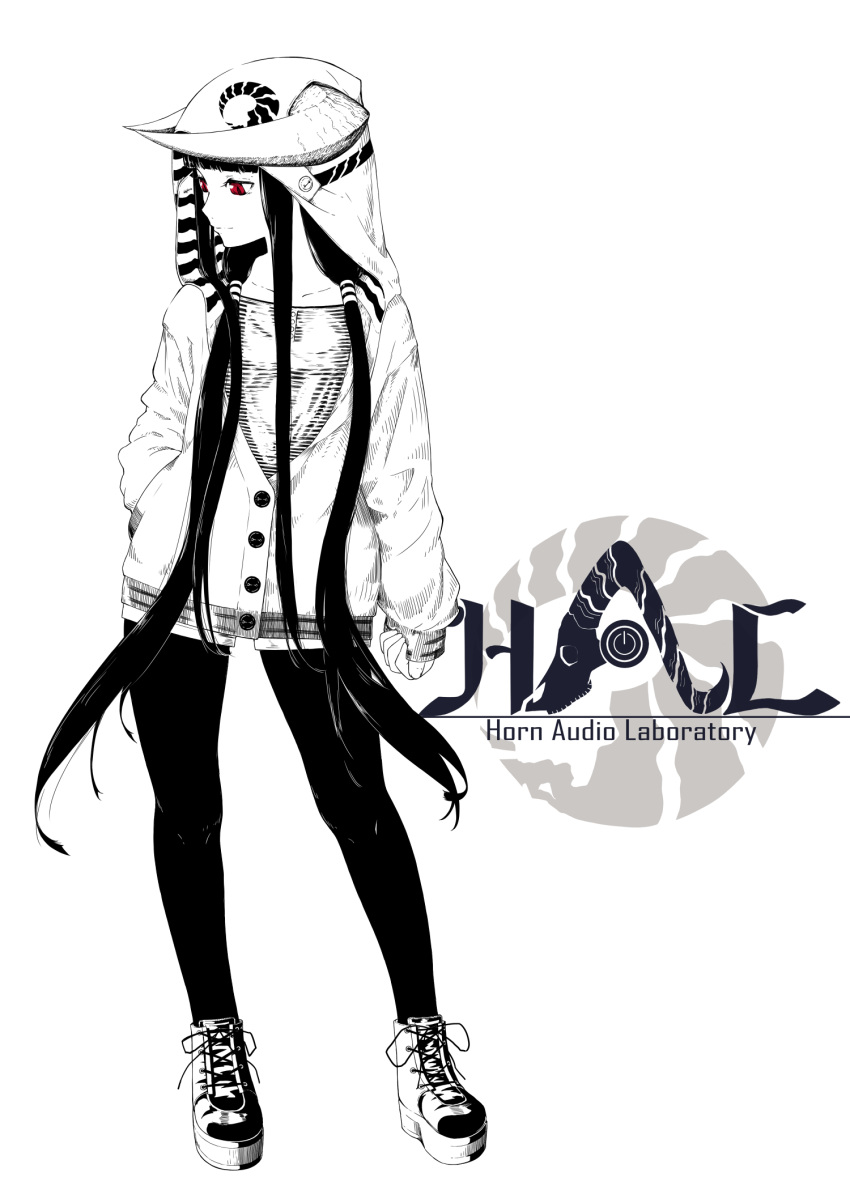 1girl bangs blunt_bangs buttons commentary_request contrapposto full_body greyscale hand_in_pocket highres hood hood_up hoodie horned_girl_(jaco) horns jaco logo long_hair long_sleeves looking_down looking_to_the_side monochrome original pantyhose shirt shoes simple_background smile solo spot_color standing very_long_hair white_background