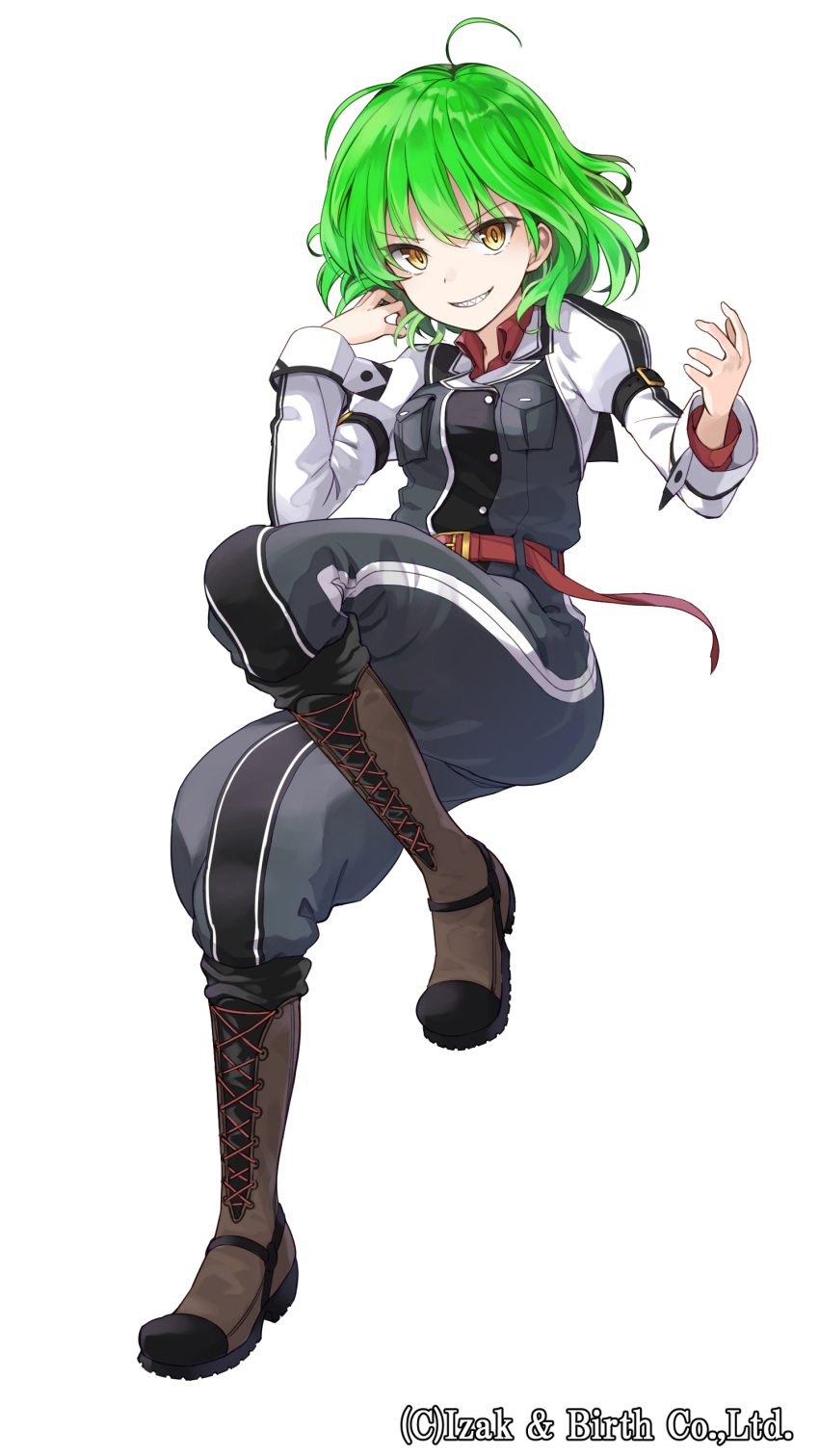 &gt;:d 1girl :d absurdres arm_belt bangs belt boots breast_pocket breasts copyright_request eyebrows_visible_through_hair full_body green_hair grey_jacket grey_pants grin highres jacket juliet_sleeves long_sleeves looking_at_viewer max_melon_teitoku medium_breasts official_art open_mouth original pants pocket puffy_sleeves red_belt sharp_teeth simple_background slit_pupils smile solo teeth watermark white_background yellow_eyes
