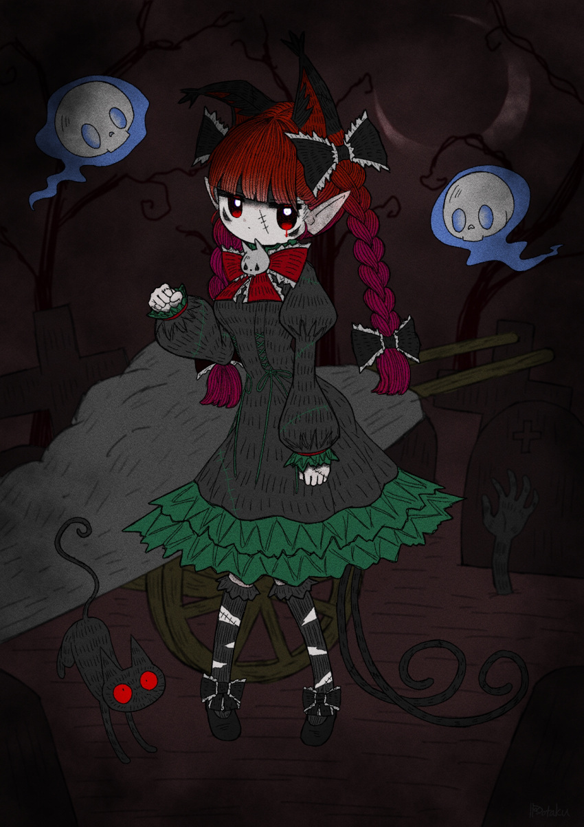 1girl animal_ears bangs bare_tree black_bow black_footwear blunt_bangs bow braid cat cat_ears cat_tail closed_mouth crescent_moon dot_mouth dotaku_(wran8845) dress extra_ears footwear_bow frilled_dress frills ghost grave graveyard green_dress hair_bow halloween hatching_(texture) highres jitome juliet_sleeves kaenbyou_rin linear_hatching long_dress long_hair long_sleeves looking_at_viewer moon multiple_tails nekomata outdoors pointy_ears puffy_sleeves red_eyes redhead scar scar_on_face skull tail tombstone touhou tree twin_braids wheelbarrow