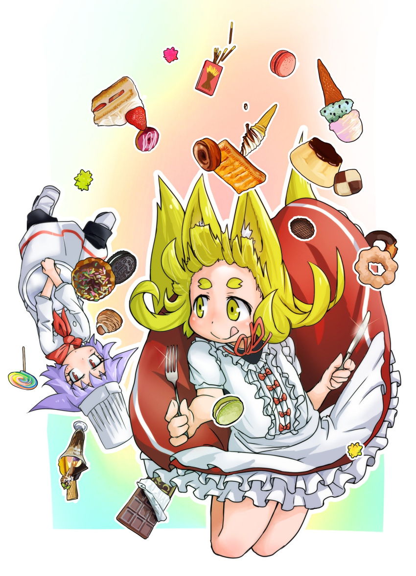 2girls :q absurdres animal_ears bangs black_pants blonde_hair blush cake candy chef chef_hat chef_uniform chocolate closed_mouth commentary_request doitsuken doughnut dress eyebrows_visible_through_hair falling food food_request fork fox_ears fox_tail hat highres holding holding_fork holding_knife knife lavender_hair lollipop long_hair looking_at_another looking_at_viewer multiple_girls multiple_tails neck_ribbon neckerchief oreo pants parfait pastry red_eyes red_neckerchief red_ribbon ribbon ribbon-trimmed_dress shoes short_eyebrows short_hair short_sleeves slit_pupils smile sweets tail thick_eyebrows tongue tongue_out two_tails upside-down white_dress