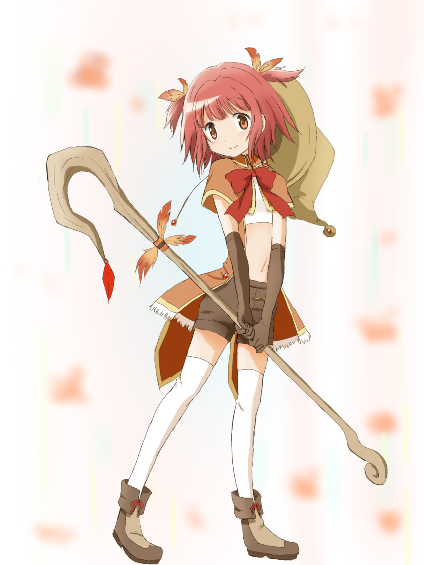 1girl akino_kaede blush bow brown_gloves brown_shorts capelet elbow_gloves gloves hat highres magia_record:_mahou_shoujo_madoka_magica_gaiden mahou_shoujo_madoka_magica orange_eyes red_bow redhead short_hair shorts simple_background smile solo staff thigh-highs white_background white_legwear witch_hat