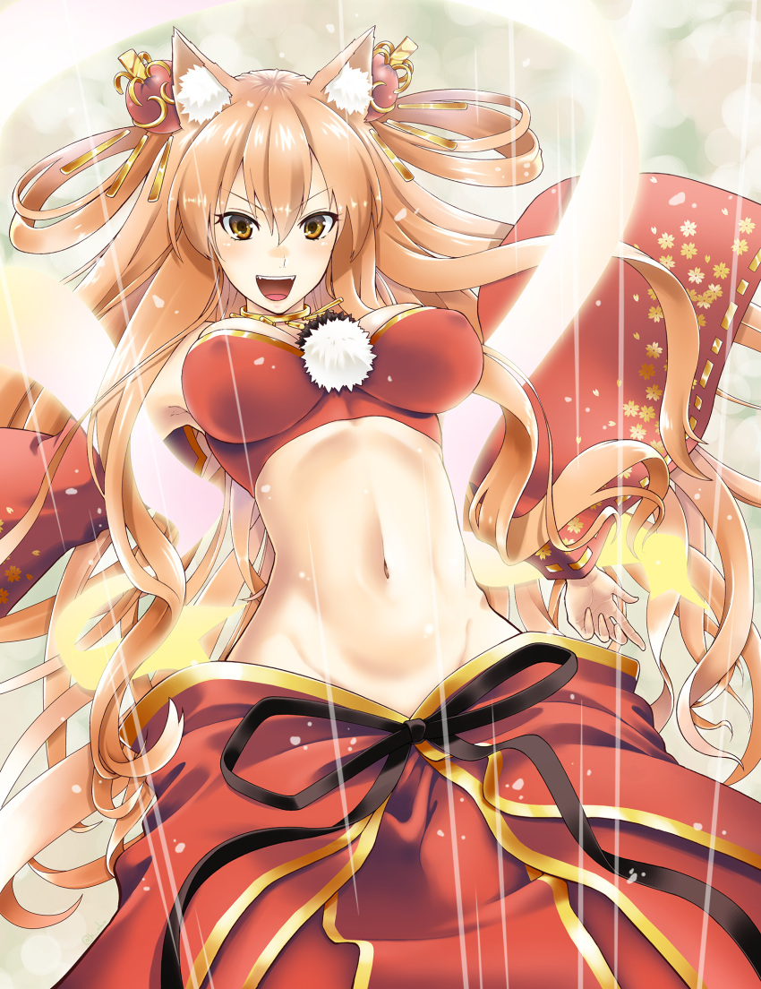 &gt;:d 1girl :d animal_ears armpits blush breasts cowboy_shot detached_sleeves erect_nipples fate/extra_ccc_fox_tail fox_ears fox_tail hair_between_eyes hair_ornament highres japanese_clothes jewelry large_breasts long_hair looking_at_viewer navel neck_ring nib_pen_(medium) oku_hideki open_mouth orange_hair ribbon-trimmed_sleeves ribbon_trim saber_(fate/extra_ccc_fox_tail) shawl smile solo stomach tail traditional_media very_long_hair wide_sleeves yellow_eyes