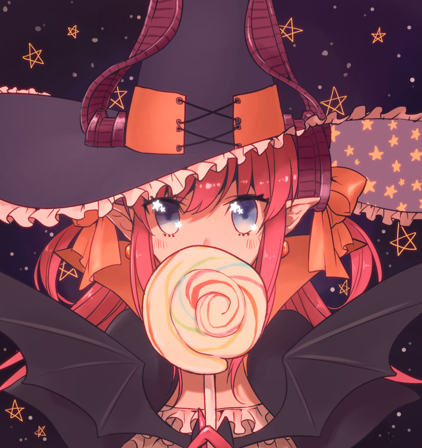 1girl bat blue_eyes blush candy covering_mouth earrings elizabeth_bathory_(halloween)_(fate) fate/grand_order fate_(series) food hair_ribbon hat high_collar highres horns jewelry lancer_(fate/extra_ccc) lollipop looking_at_viewer mozu_(teluto) pink_hair pointy_ears ribbon sky solo star star_(sky) star_print starry_sky two_side_up upper_body witch_hat
