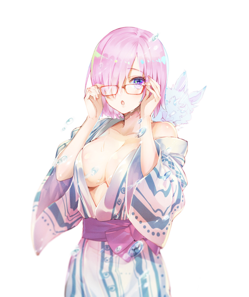 1girl alternate_costume breasts cleavage collarbone hair_over_one_eye highres japanese_clothes kimono large_breasts nemusuke off_shoulder open_clothes open_kimono open_mouth pink_hair red-framed_eyewear shielder_(fate/grand_order) short_hair simple_background solo standing striped striped_kimono violet_eyes white_background white_kimono