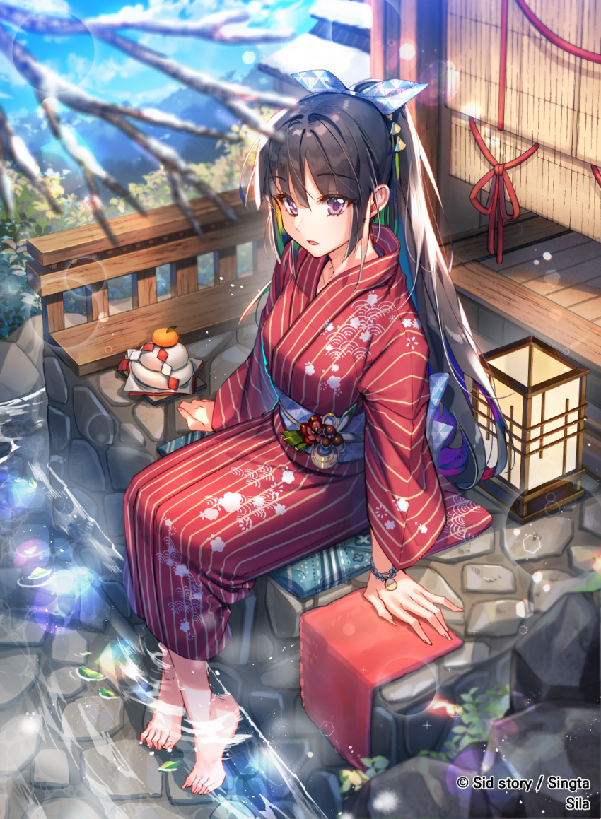 1girl ashiyu barefoot blue_bow blue_sky blurry_foreground bow branch copyright_name day full_body highres interitio japanese_clothes kimono lantern long_hair looking_at_viewer new_year official_art onsen outdoors paper_lantern ponytail red_kimono sid_story sidelocks sitting sky soaking_feet solo towel violet_eyes watermark