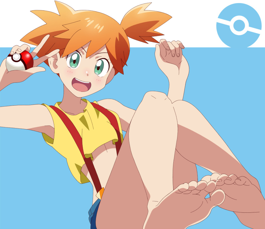 1girl aqua_background aqua_eyes barefoot blush crop_top denim denim_shorts feet highres holding holding_poke_ball kasumi_(pokemon) kuroi_ohagi looking_at_viewer open_mouth orange_hair overalls poke_ball poke_ball_print pokemon pokemon_(anime) shiny shiny_hair short_hair shorts side_ponytail sitting smile soles solo tank_top toes two-tone_background v w white_background