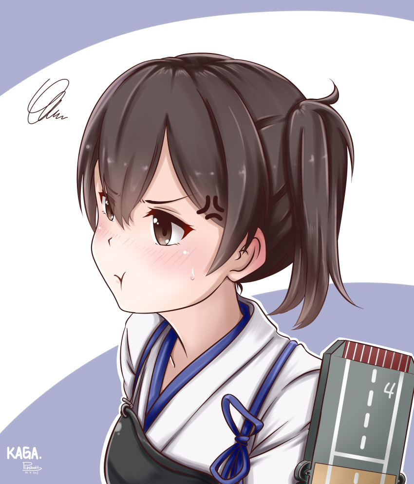 10s 1girl absurdres anger_vein artist_name blush brown_eyes brown_hair character_name dated flight_deck hair_between_eyes highres japanese_clothes kaga_(kantai_collection) kantai_collection multicolored multicolored_background muneate plasbott portrait pout short_hair side_ponytail solo squiggle sweatdrop