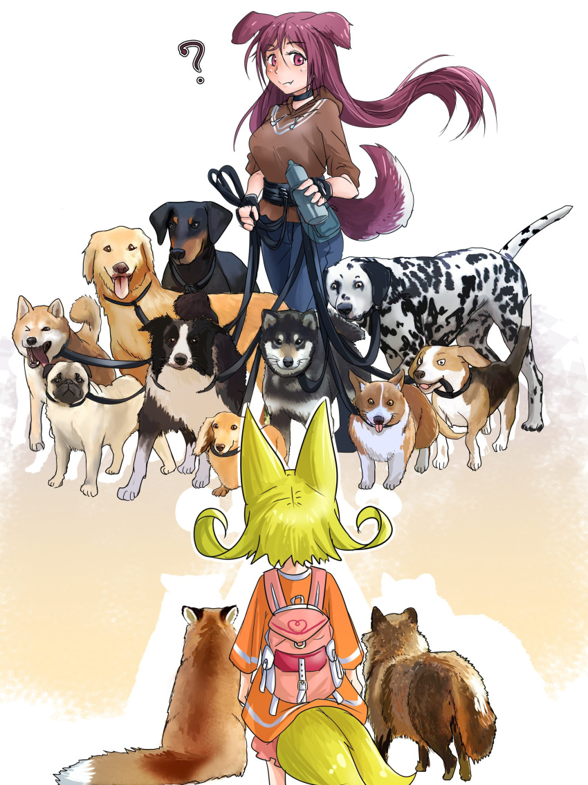 &gt;_o 2girls ? absurdres animal_ears backpack bag bangs blue_pants blush bottle brown_shirt child collar commentary_request dalmatian denim doberman dog dog_ears dog_girl dog_request dog_tail doitsuken eyebrows_visible_through_hair fang_out fox fox_ears fox_girl fox_tail from_behind highres holding holding_bottle holding_leash jeans leash long_hair long_sleeves looking_at_another medium_hair multiple_girls multiple_tails one_eye_closed orange_shirt pants pink_eyes pink_skirt pug purple_hair sash shiba_inu shirt skirt sleeves_rolled_up standing tail
