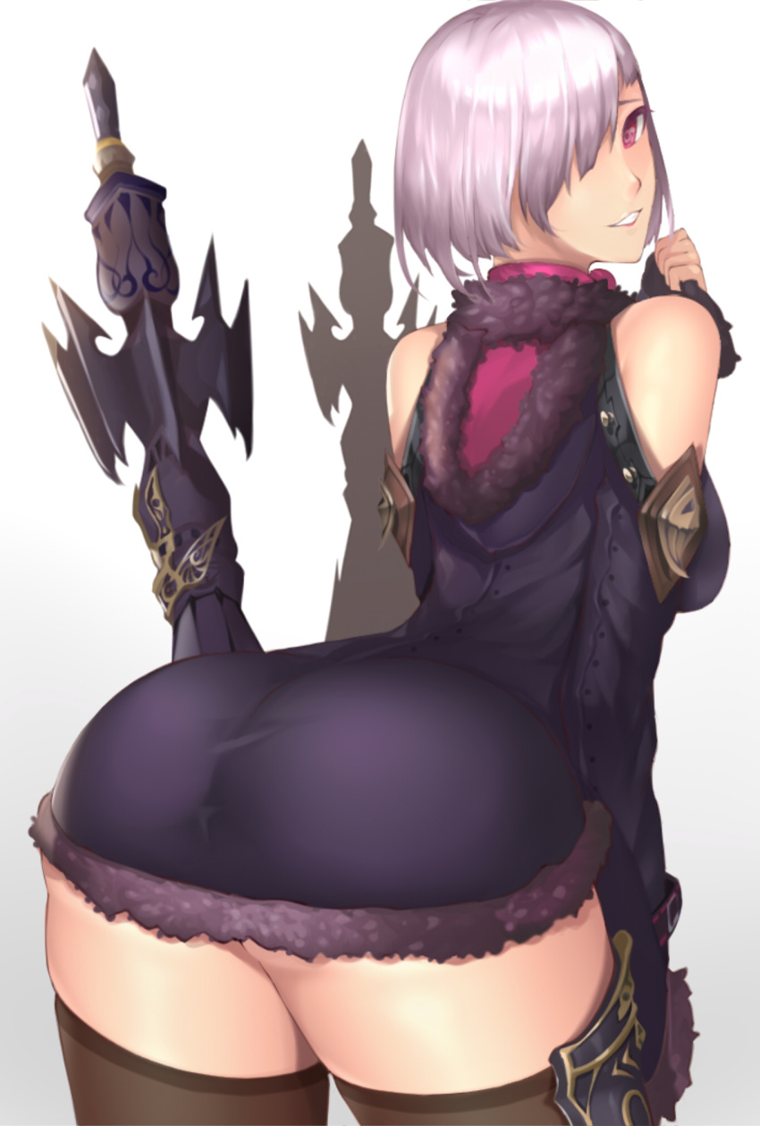 1girl artist_request ass bad_anatomy hair_over_one_eye highres leaning_forward looking_at_viewer looking_back purple_hair shadowverse short_hair smile snaking solo standing thigh-highs