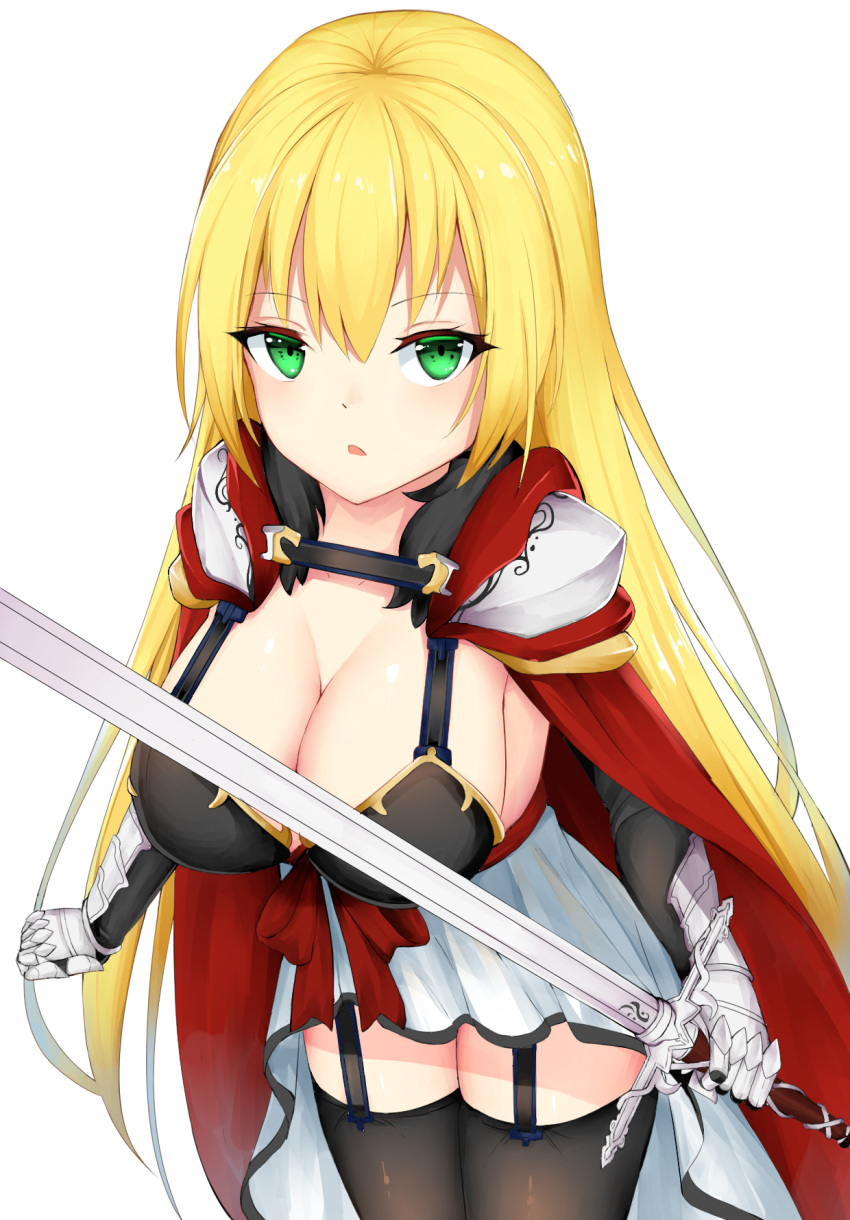 1girl arms_at_sides black_legwear blonde_hair breasts cape chixiao cleavage cowboy_shot elbow_gloves garter_straps gauntlets gloves green_eyes hair_between_eyes highres holding holding_sword holding_weapon large_breasts leaning_forward long_hair looking_at_viewer original red_cape sideboob sidelocks standing sword thigh-highs weapon white_background zettai_ryouiki