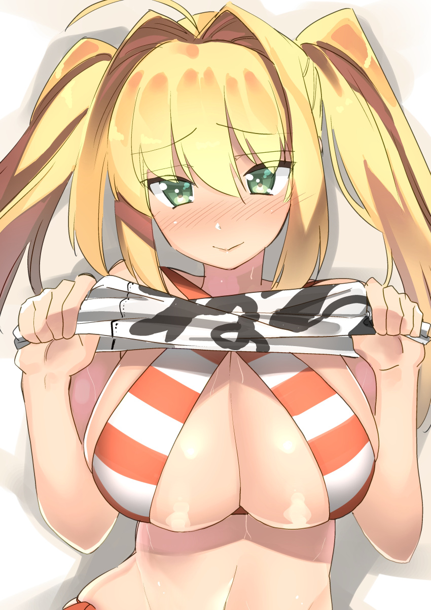 1girl absurdres bikini blonde_hair blush breasts criss-cross_halter eyebrows_visible_through_hair fate/grand_order fate_(series) gotou_masaki green_eyes halterneck highres large_breasts looking_at_viewer nero_claudius_(swimsuit_caster)_(fate) side-tie_bikini simple_background solo striped striped_bikini swimsuit twintails upper_body white_background
